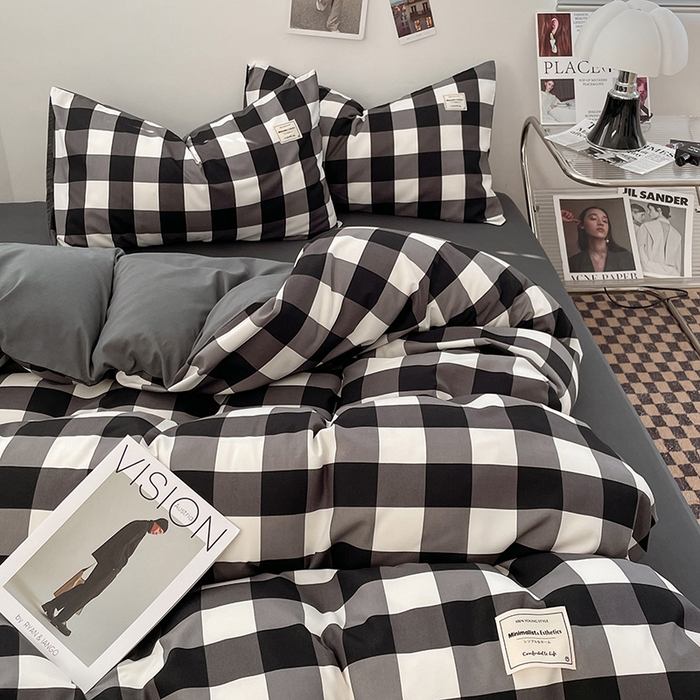 91家纺网 家纺一手货源 找家纺 优尚佳生活馆 2025新款无印风亲肤磨毛四件套-格子 黑白大格