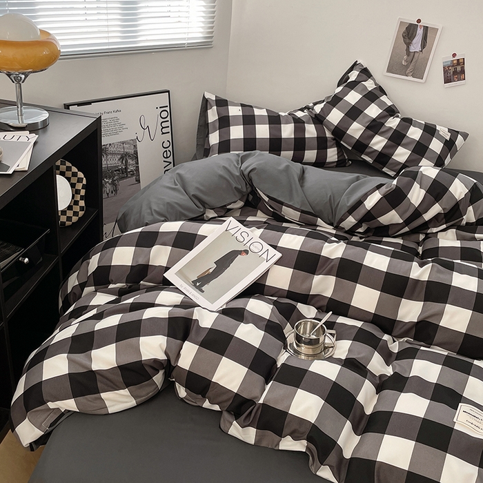 91家纺网 家纺一手货源 找家纺 优尚佳生活馆 2025新款无印风亲肤磨毛四件套-格子 黑白大格