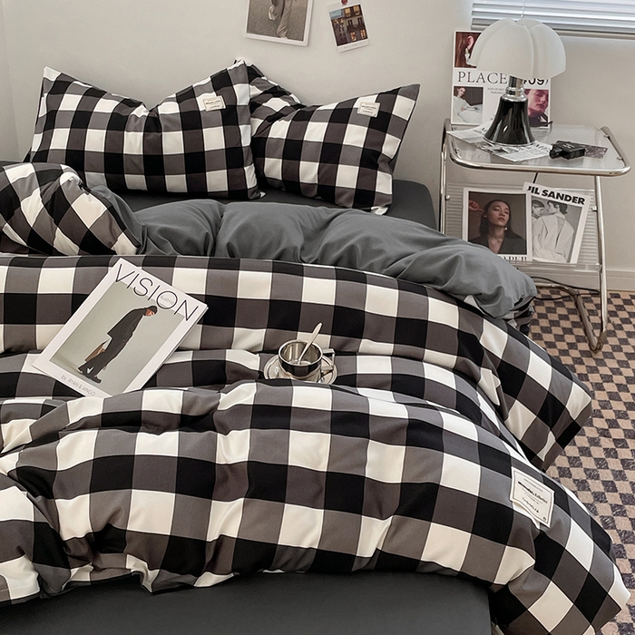 91家纺网 家纺一手货源 找家纺 优尚佳生活馆 2025新款无印风亲肤磨毛四件套-格子 黑白大格