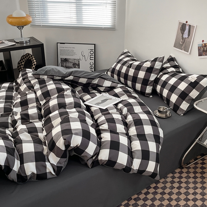 91家纺网 家纺一手货源 找家纺 优尚佳生活馆 2025新款无印风亲肤磨毛四件套-格子 黑白大格