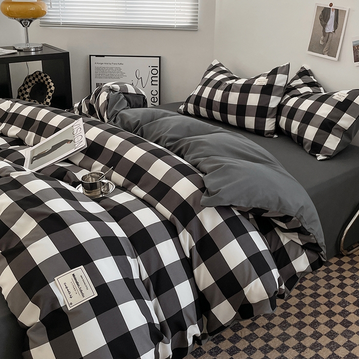 91家纺网 家纺一手货源 找家纺 优尚佳生活馆 2025新款无印风亲肤磨毛四件套-格子 黑白大格