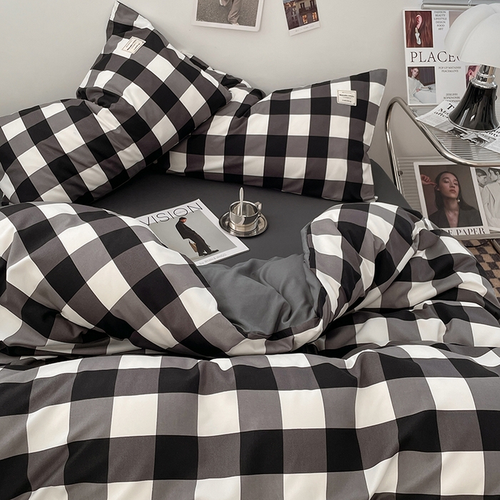 91家纺网 家纺一手货源 找家纺 优尚佳生活馆 2025新款无印风亲肤磨毛四件套-格子 黑白大格