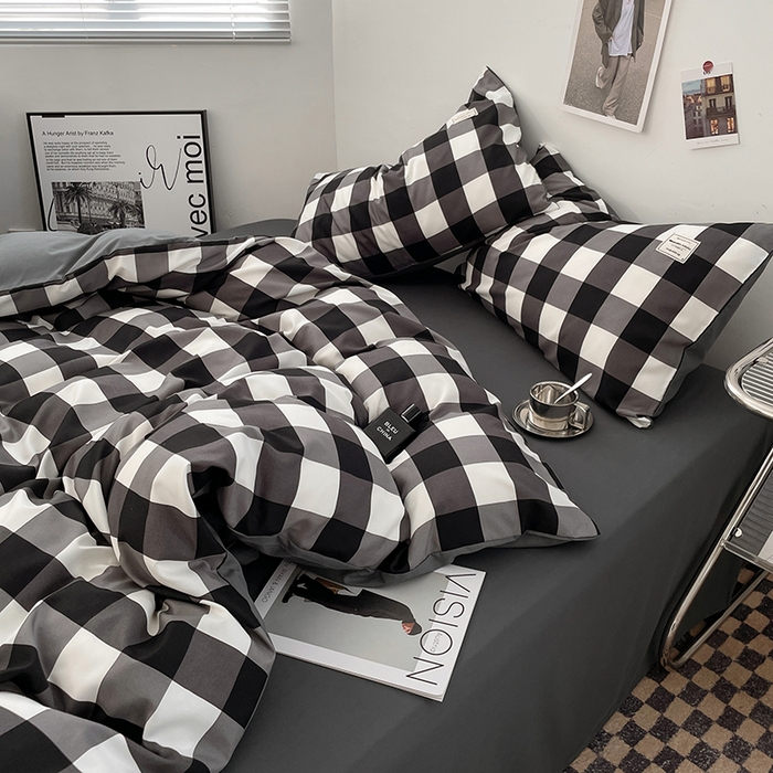 91家纺网 家纺一手货源 找家纺 优尚佳生活馆 2025新款无印风亲肤磨毛四件套-格子 黑白大格