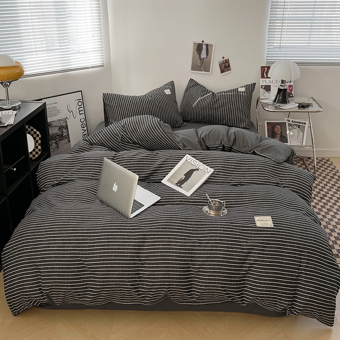 优尚佳生活馆 2025新款无印风亲肤磨毛四件套-格子 黑白条