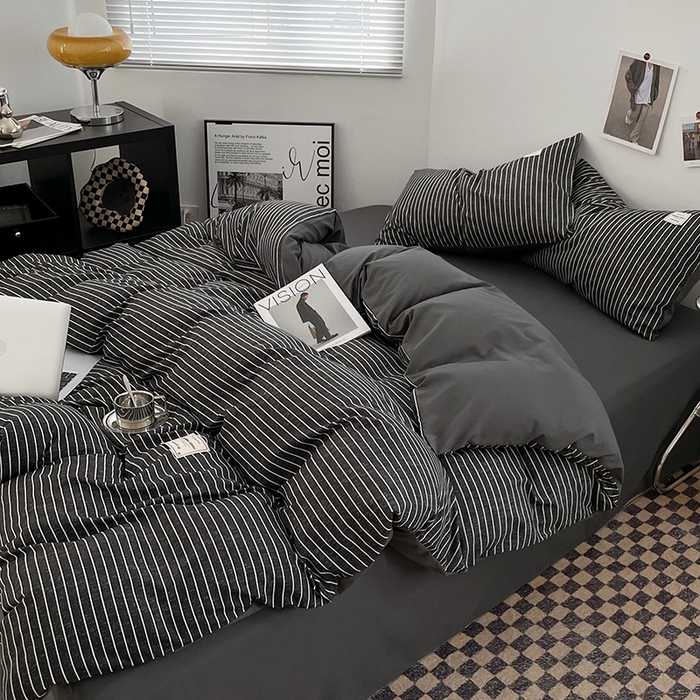 91家纺网 家纺一手货源 找家纺 优尚佳生活馆 2025新款无印风亲肤磨毛四件套-格子 黑白条