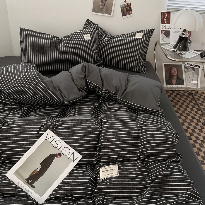 91家纺网 家纺一手货源 找家纺 优尚佳生活馆 2025新款无印风亲肤磨毛四件套-格子 黑白条