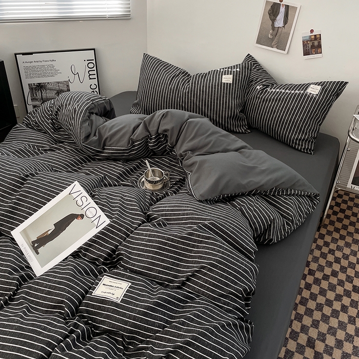 91家纺网 家纺一手货源 找家纺 优尚佳生活馆 2025新款无印风亲肤磨毛四件套-格子 黑白条