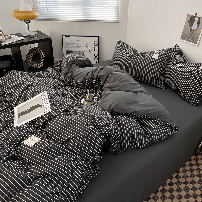 91家纺网 家纺一手货源 找家纺 优尚佳生活馆 2025新款无印风亲肤磨毛四件套-格子 黑白条