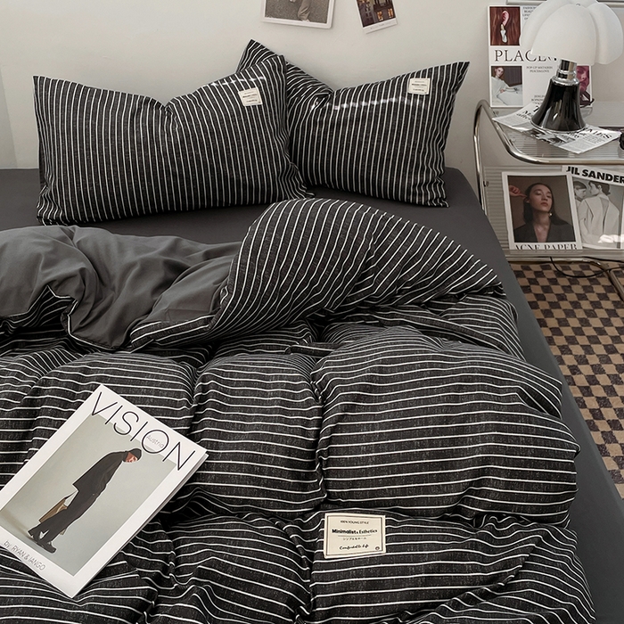 91家纺网 家纺一手货源 找家纺 优尚佳生活馆 2025新款无印风亲肤磨毛四件套-格子 黑白条