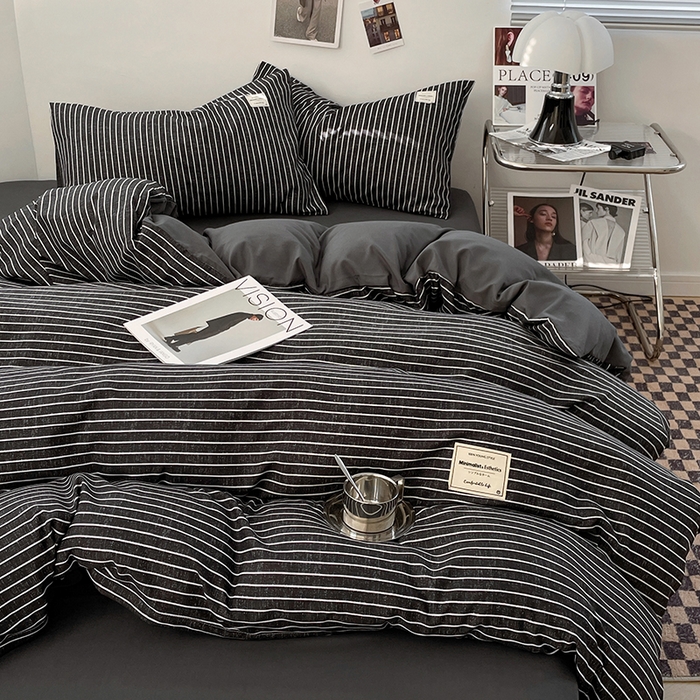 91家纺网 家纺一手货源 找家纺 优尚佳生活馆 2025新款无印风亲肤磨毛四件套-格子 黑白条