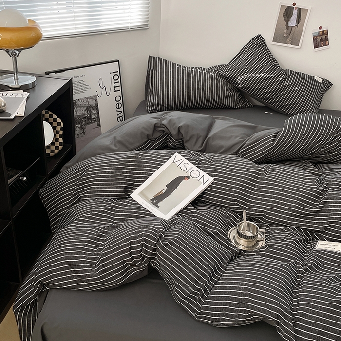 91家纺网 家纺一手货源 找家纺 优尚佳生活馆 2025新款无印风亲肤磨毛四件套-格子 黑白条