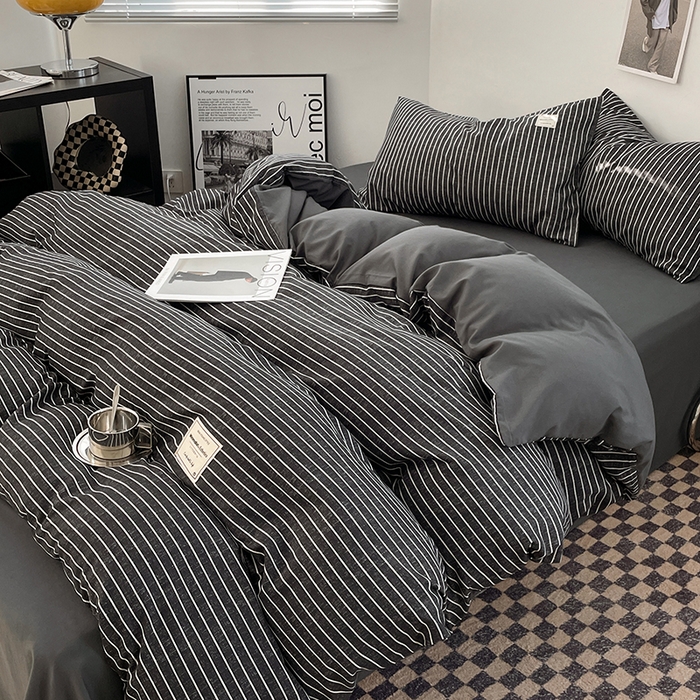 91家纺网 家纺一手货源 找家纺 优尚佳生活馆 2025新款无印风亲肤磨毛四件套-格子 黑白条