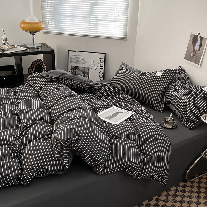 91家纺网 家纺一手货源 找家纺 优尚佳生活馆 2025新款无印风亲肤磨毛四件套-格子 黑白条