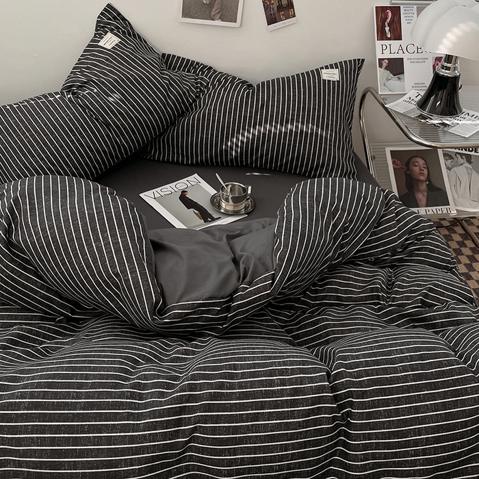 91家纺网 家纺一手货源 找家纺 优尚佳生活馆 2025新款无印风亲肤磨毛四件套-格子 黑白条