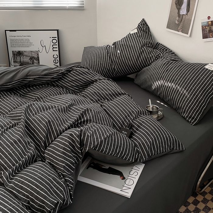 91家纺网 家纺一手货源 找家纺 优尚佳生活馆 2025新款无印风亲肤磨毛四件套-格子 黑白条