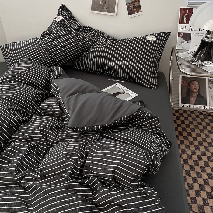 91家纺网 家纺一手货源 找家纺 优尚佳生活馆 2025新款无印风亲肤磨毛四件套-格子 黑白条