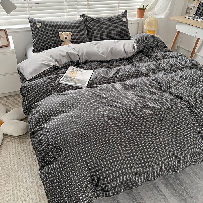 优尚佳生活馆 2025新款无印风亲肤磨毛四件套-格子 黑小格