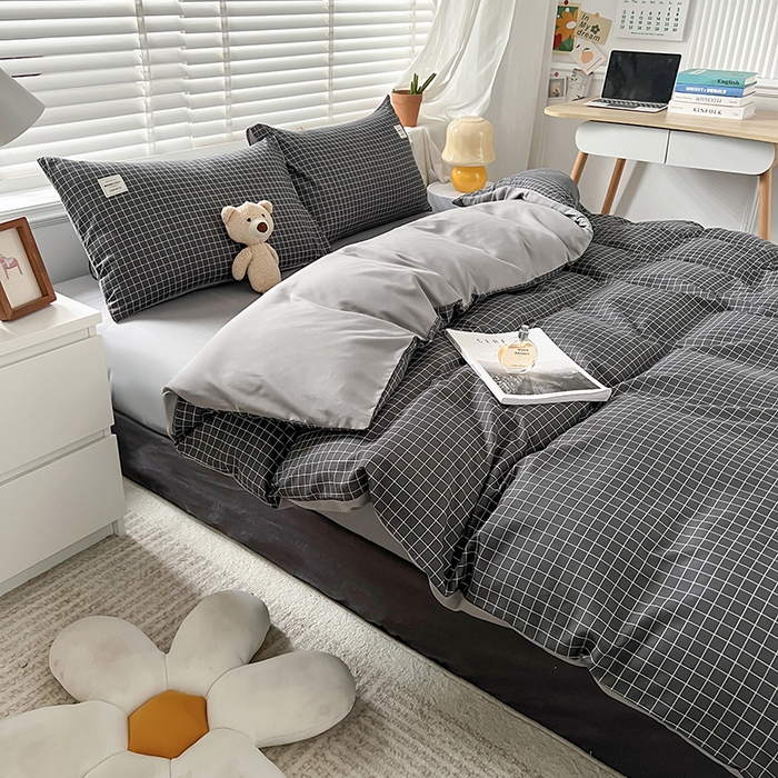 91家纺网 家纺一手货源 找家纺 优尚佳生活馆 2025新款无印风亲肤磨毛四件套-格子 黑小格