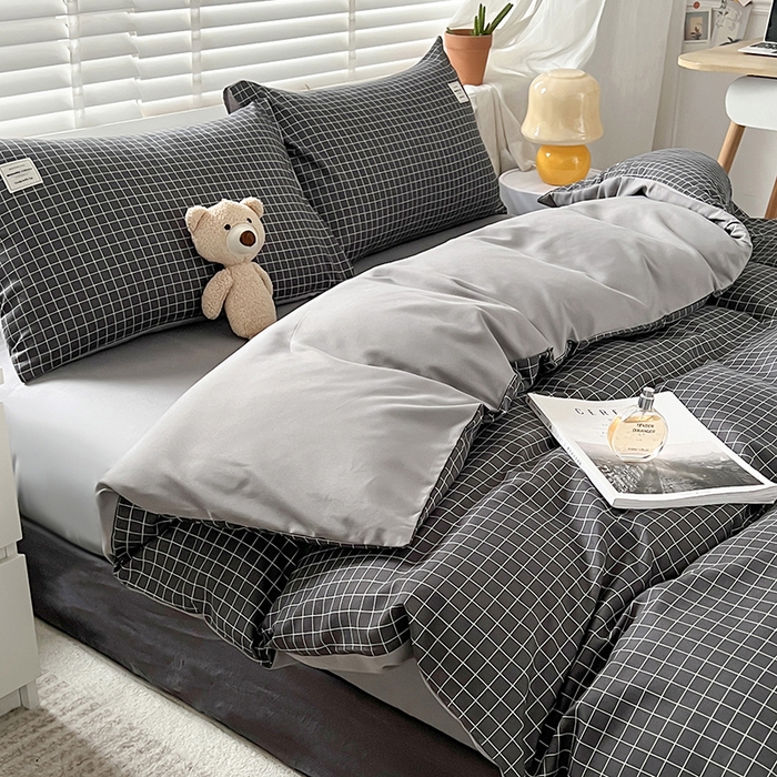 91家纺网 家纺一手货源 找家纺 优尚佳生活馆 2025新款无印风亲肤磨毛四件套-格子 黑小格