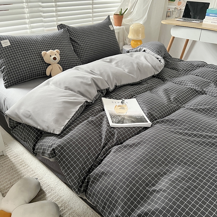 91家纺网 家纺一手货源 找家纺 优尚佳生活馆 2025新款无印风亲肤磨毛四件套-格子 黑小格