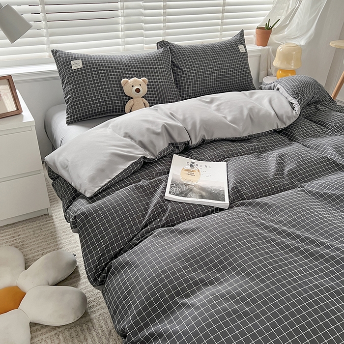 91家纺网 家纺一手货源 找家纺 优尚佳生活馆 2025新款无印风亲肤磨毛四件套-格子 黑小格