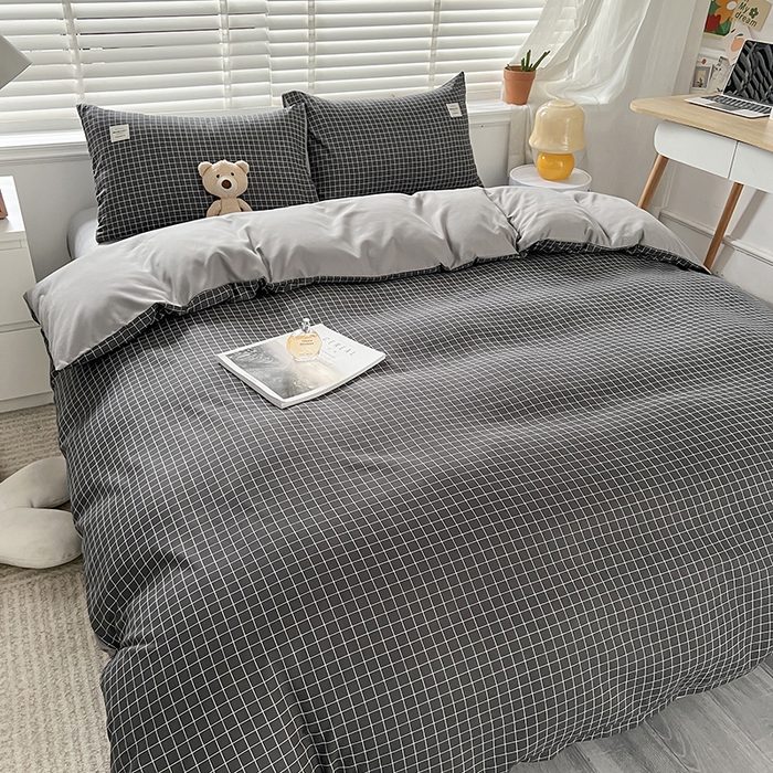 91家纺网 家纺一手货源 找家纺 优尚佳生活馆 2025新款无印风亲肤磨毛四件套-格子 黑小格