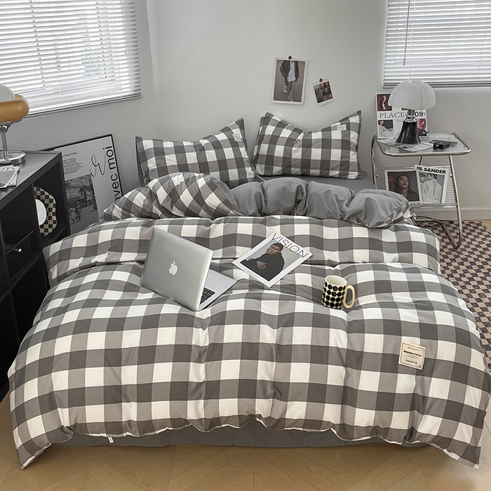 优尚佳生活馆 2025新款无印风亲肤磨毛四件套-格子 灰白大格