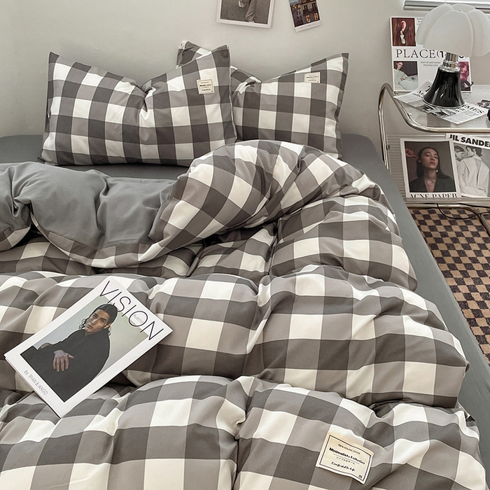 91家纺网 家纺一手货源 找家纺 优尚佳生活馆 2025新款无印风亲肤磨毛四件套-格子 灰白大格