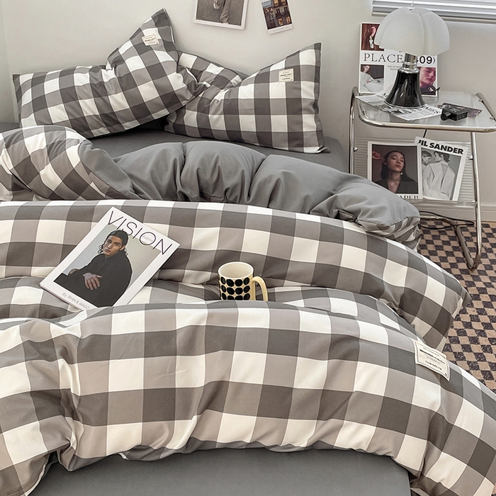 91家纺网 家纺一手货源 找家纺 优尚佳生活馆 2025新款无印风亲肤磨毛四件套-格子 灰白大格