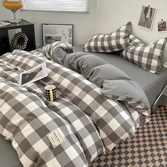 91家纺网 家纺一手货源 找家纺 优尚佳生活馆 2025新款无印风亲肤磨毛四件套-格子 灰白大格
