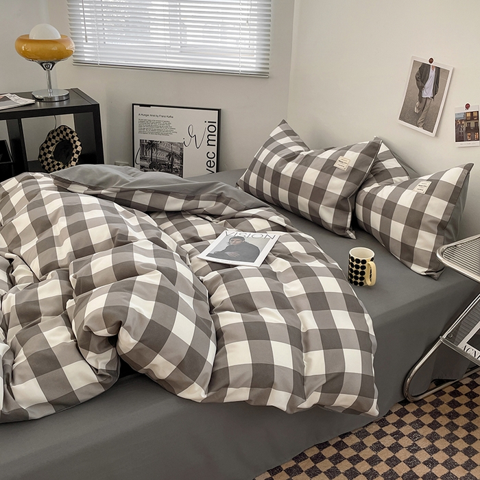91家纺网 家纺一手货源 找家纺 优尚佳生活馆 2025新款无印风亲肤磨毛四件套-格子 灰白大格