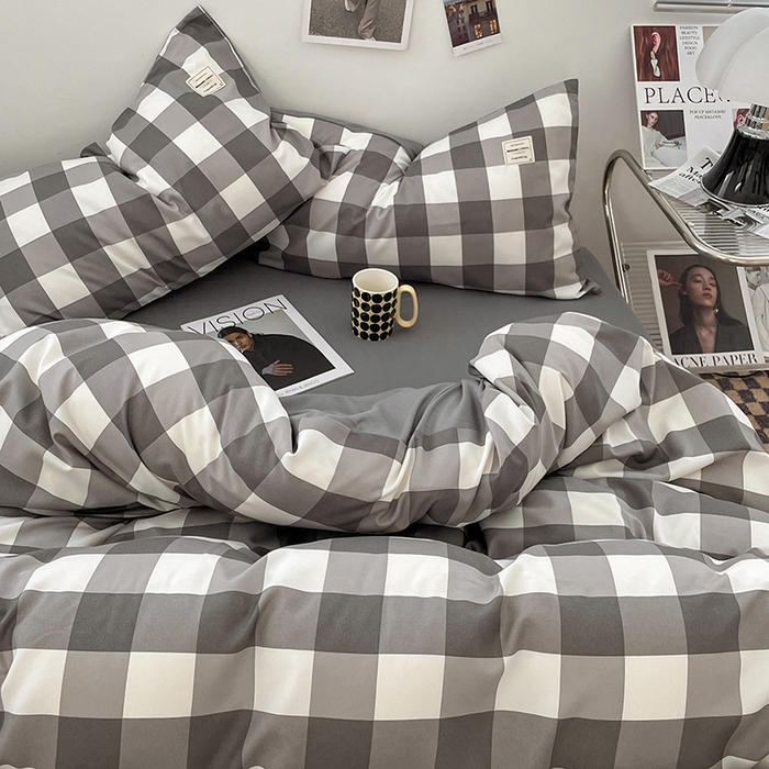 91家纺网 家纺一手货源 找家纺 优尚佳生活馆 2025新款无印风亲肤磨毛四件套-格子 灰白大格