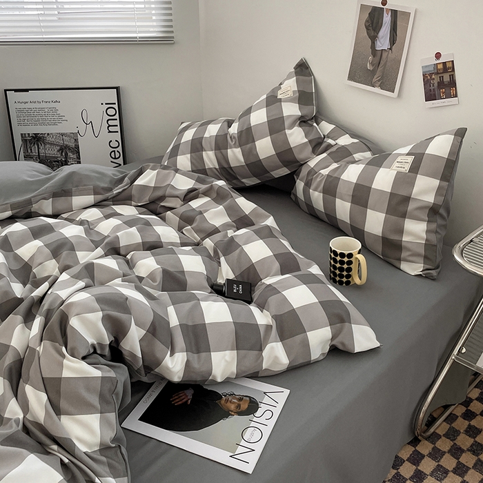 91家纺网 家纺一手货源 找家纺 优尚佳生活馆 2025新款无印风亲肤磨毛四件套-格子 灰白大格