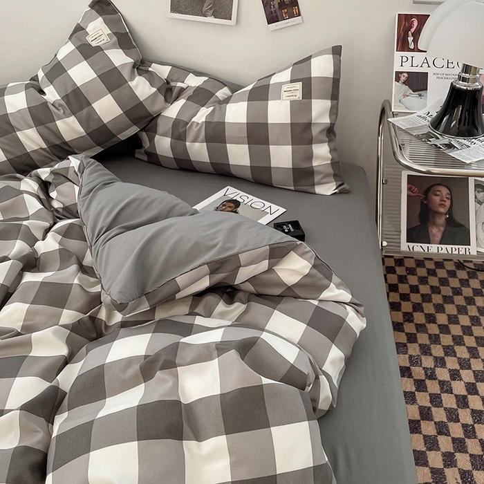 91家纺网 家纺一手货源 找家纺 优尚佳生活馆 2025新款无印风亲肤磨毛四件套-格子 灰白大格