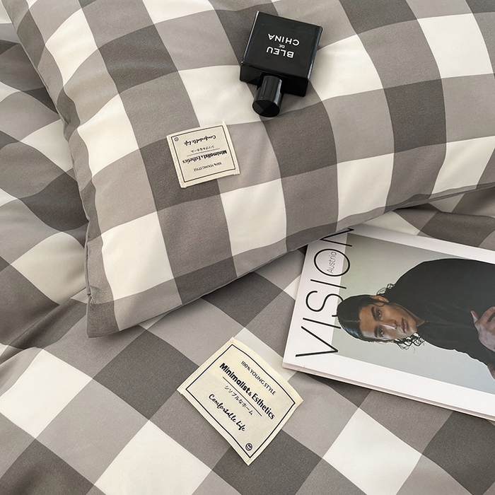 91家纺网 家纺一手货源 找家纺 优尚佳生活馆 2025新款无印风亲肤磨毛四件套-格子 灰白大格