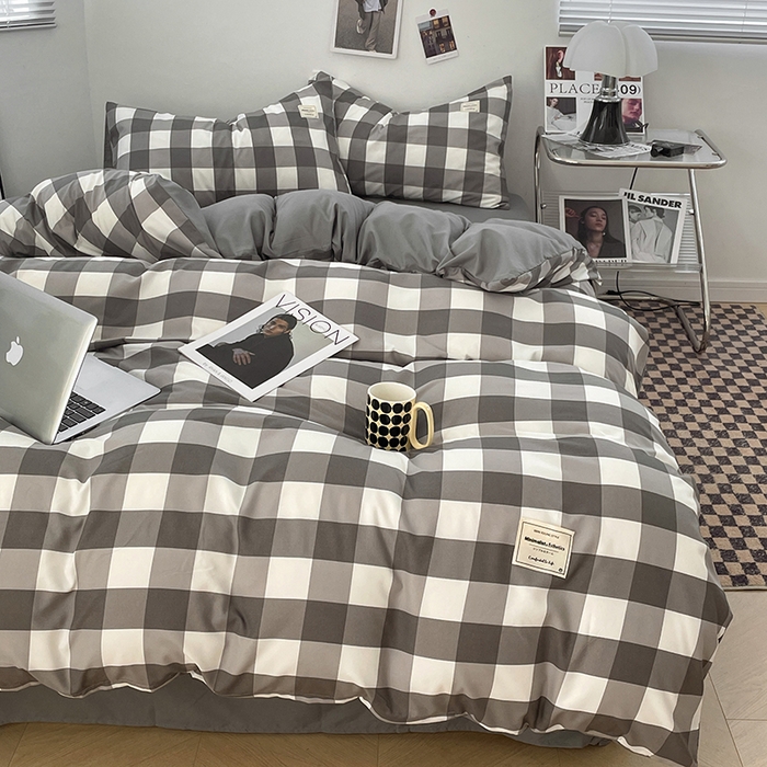 91家纺网 家纺一手货源 找家纺 优尚佳生活馆 2025新款无印风亲肤磨毛四件套-格子 灰白大格