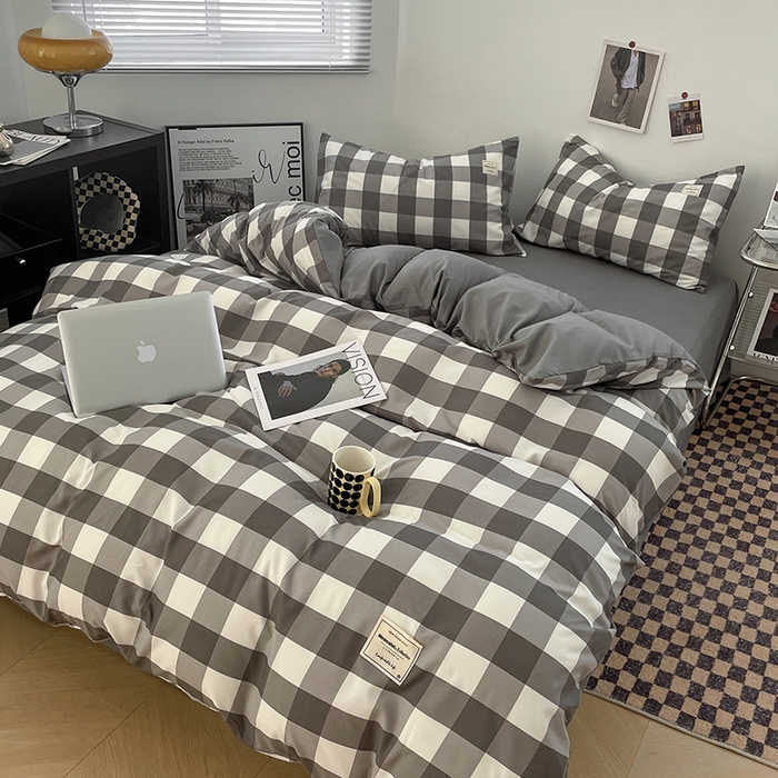91家纺网 家纺一手货源 找家纺 优尚佳生活馆 2025新款无印风亲肤磨毛四件套-格子 灰白大格