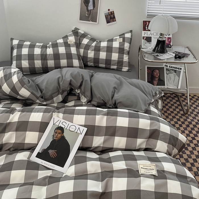 91家纺网 家纺一手货源 找家纺 优尚佳生活馆 2025新款无印风亲肤磨毛四件套-格子 灰白大格