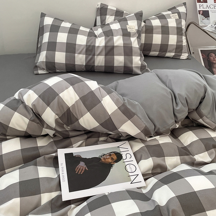 91家纺网 家纺一手货源 找家纺 优尚佳生活馆 2025新款无印风亲肤磨毛四件套-格子 灰白大格