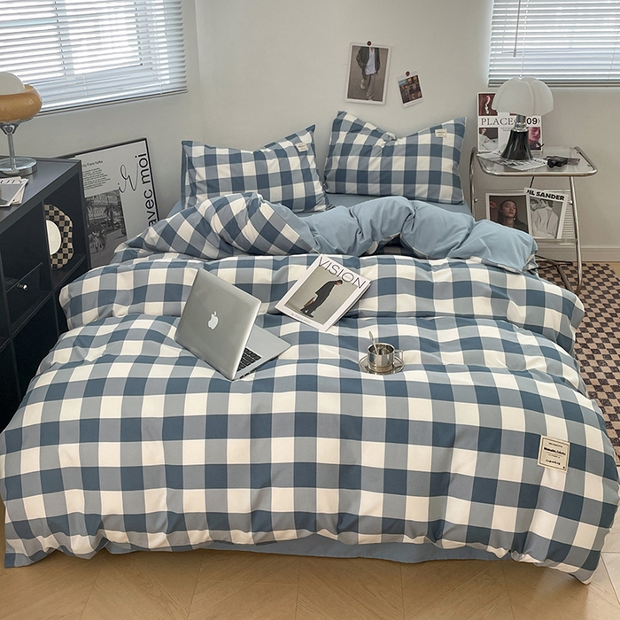 优尚佳生活馆 2025新款无印风亲肤磨毛四件套-格子 蓝大格