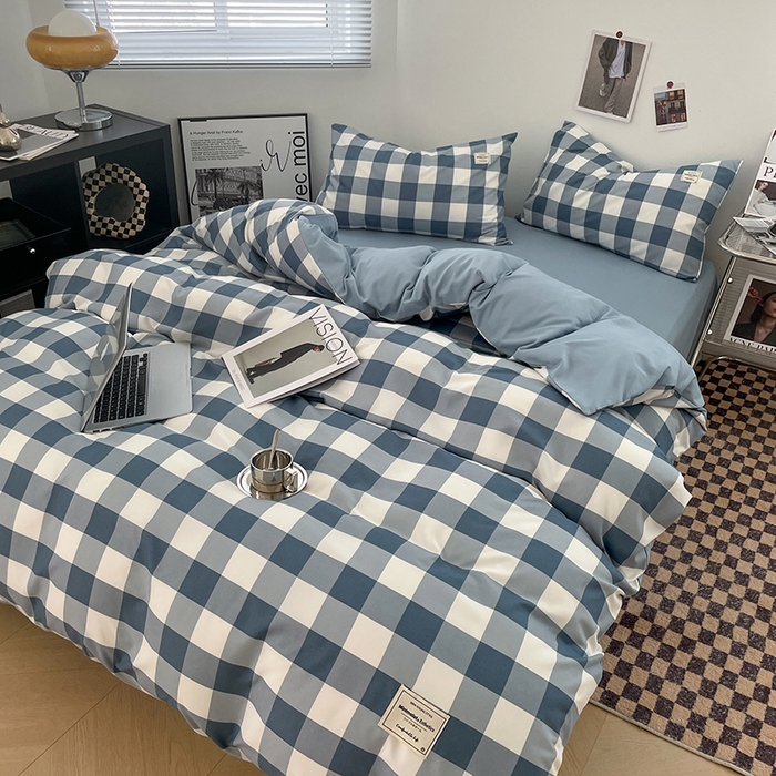 91家纺网 家纺一手货源 找家纺 优尚佳生活馆 2025新款无印风亲肤磨毛四件套-格子 蓝大格