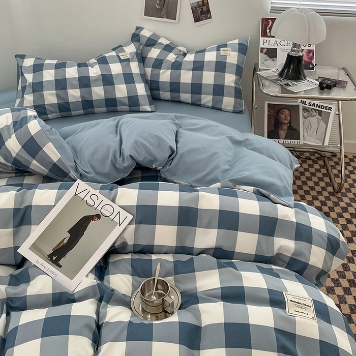 91家纺网 家纺一手货源 找家纺 优尚佳生活馆 2025新款无印风亲肤磨毛四件套-格子 蓝大格