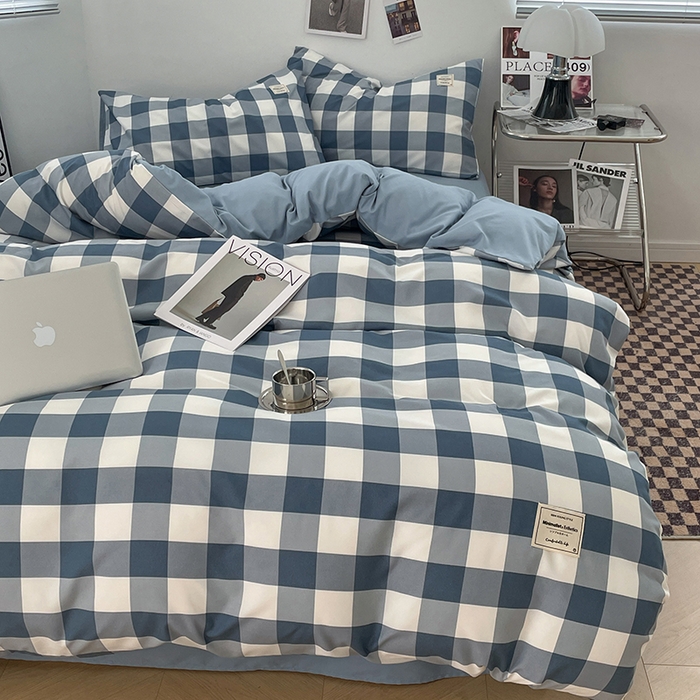 91家纺网 家纺一手货源 找家纺 优尚佳生活馆 2025新款无印风亲肤磨毛四件套-格子 蓝大格