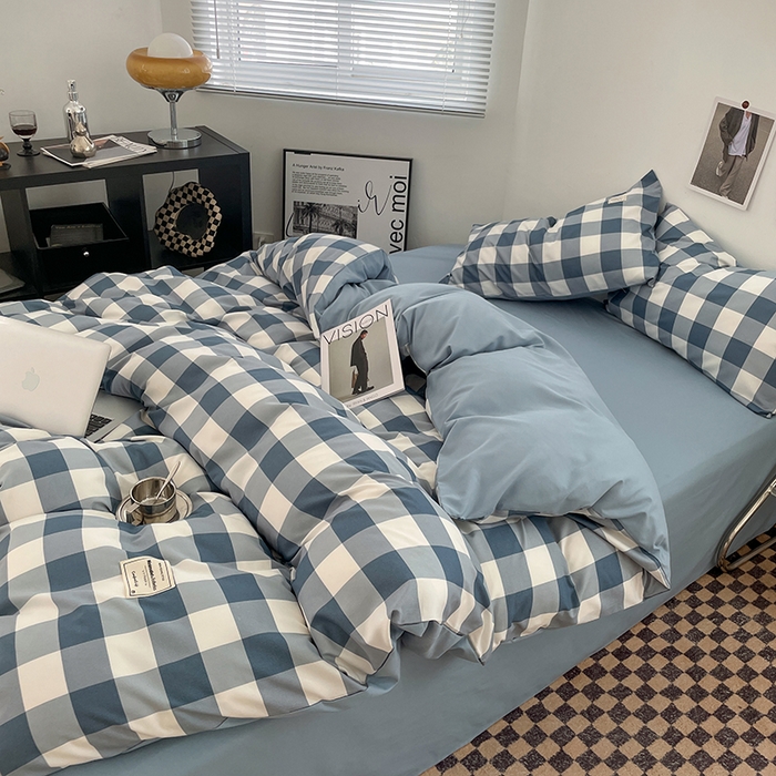 91家纺网 家纺一手货源 找家纺 优尚佳生活馆 2025新款无印风亲肤磨毛四件套-格子 蓝大格