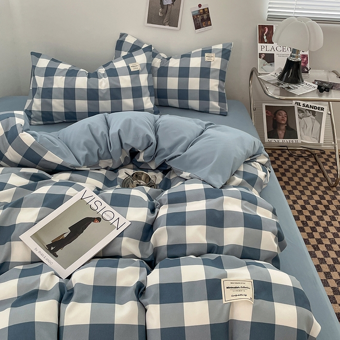 91家纺网 家纺一手货源 找家纺 优尚佳生活馆 2025新款无印风亲肤磨毛四件套-格子 蓝大格