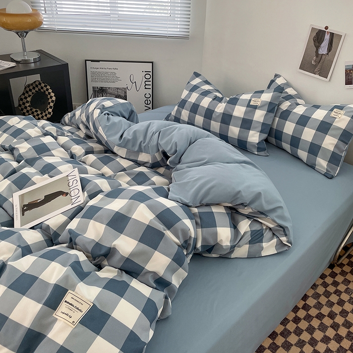 91家纺网 家纺一手货源 找家纺 优尚佳生活馆 2025新款无印风亲肤磨毛四件套-格子 蓝大格