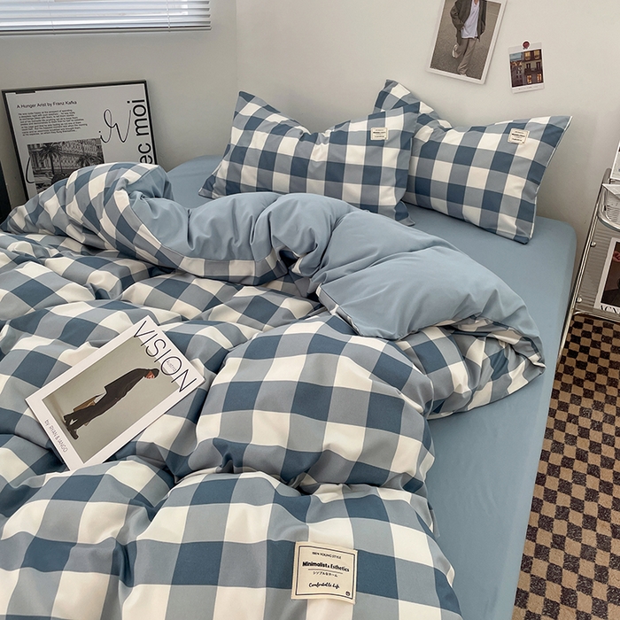 91家纺网 家纺一手货源 找家纺 优尚佳生活馆 2025新款无印风亲肤磨毛四件套-格子 蓝大格