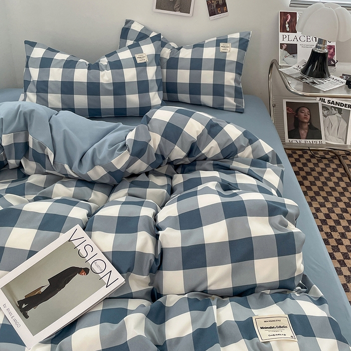 91家纺网 家纺一手货源 找家纺 优尚佳生活馆 2025新款无印风亲肤磨毛四件套-格子 蓝大格