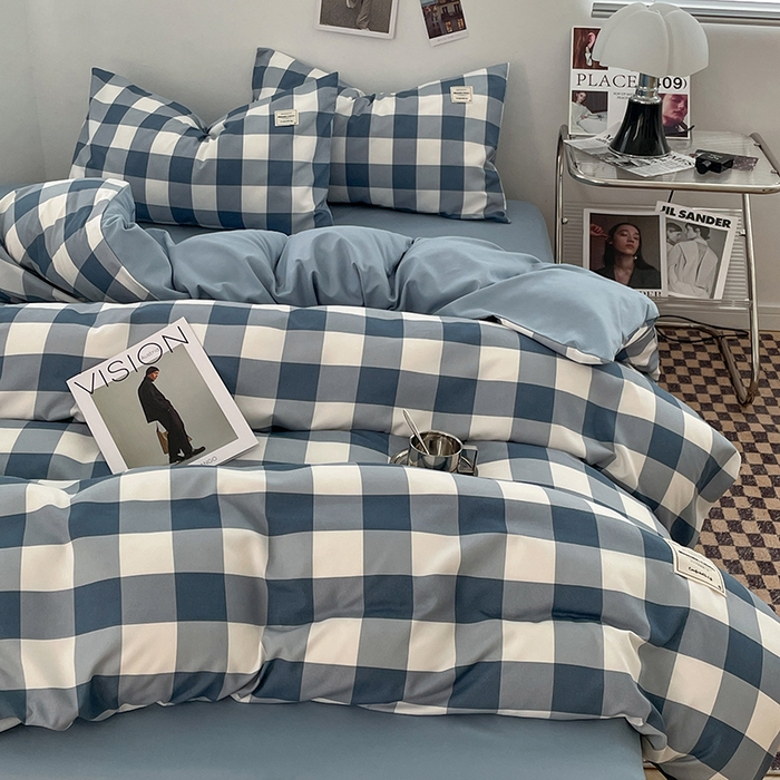 91家纺网 家纺一手货源 找家纺 优尚佳生活馆 2025新款无印风亲肤磨毛四件套-格子 蓝大格