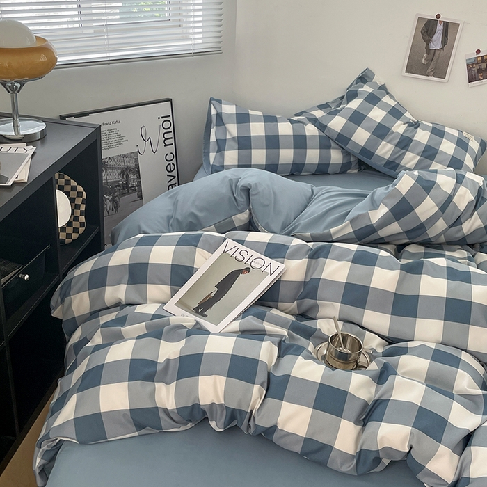 91家纺网 家纺一手货源 找家纺 优尚佳生活馆 2025新款无印风亲肤磨毛四件套-格子 蓝大格